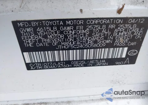 2012 Lexus Is 250 z USA, uszkodzony, nr VIN JTHCF5C24C5058009